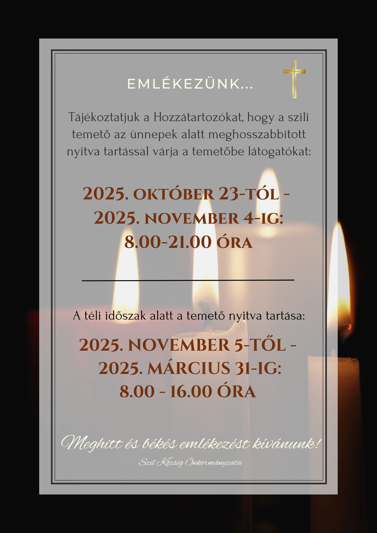 Temető ünnepi nyitva tartása